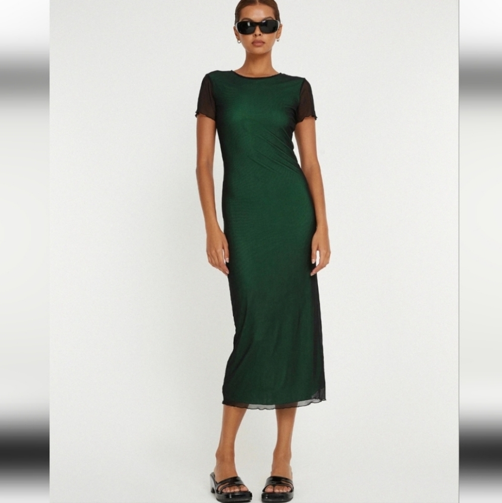 NWT MOTEL ROCKS ROSKA MIDI DRESS INBLACK WITH VIBRANT GREEN LINING